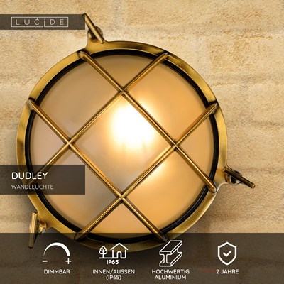 Lucide DUDLEY - Wandleuchte Innen/Außen - Ø 22 cm - 1xE27 - IP65 - Mattes Gold / Messing